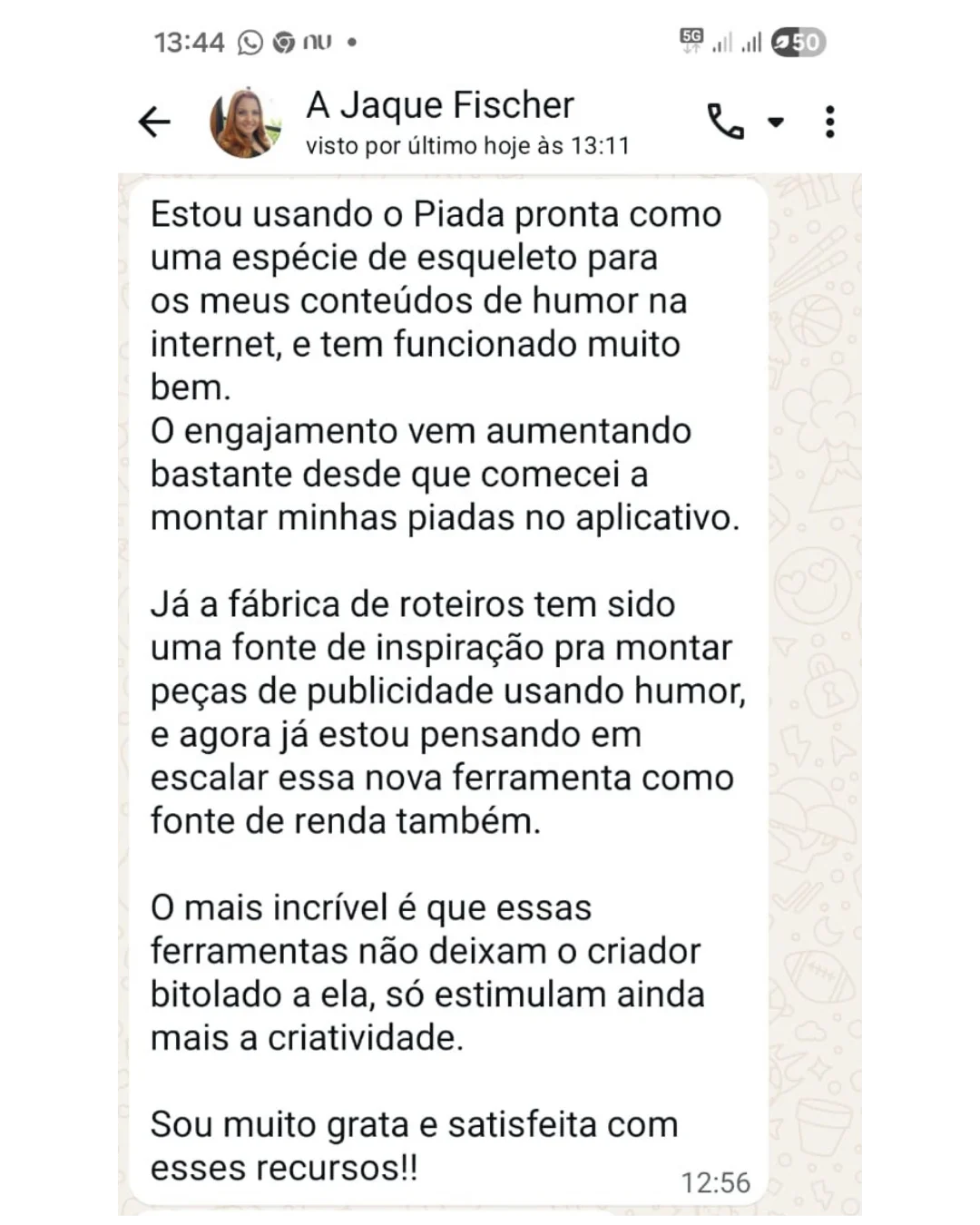 Print da mensagem de Jaque Fischer