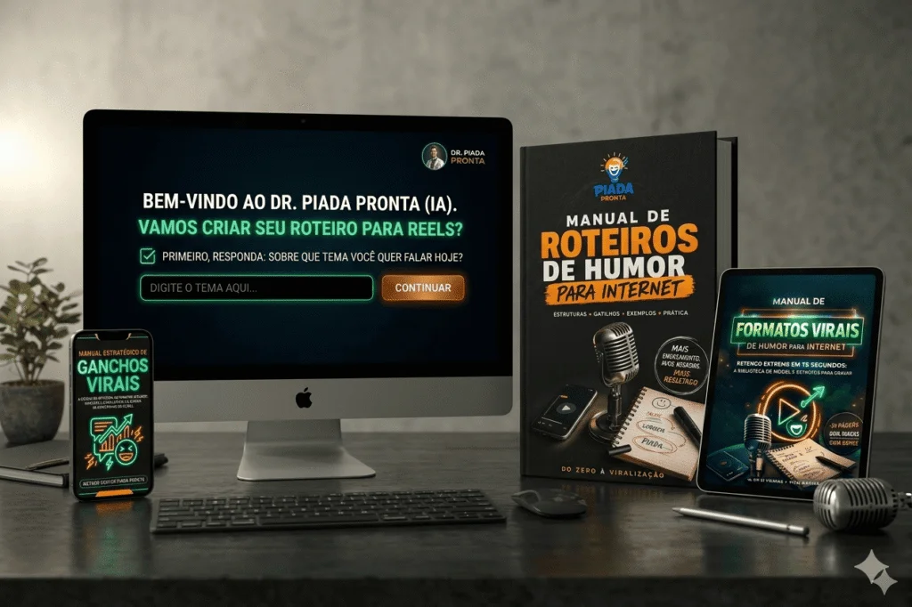 Interface do Doutor Piada Pronta: chat IA no desktop, manual 'Roteiros de Humor para Internet' impresso, ebooks 'Ganchos Virais' no celular e 'Formatos Virais' no tablet